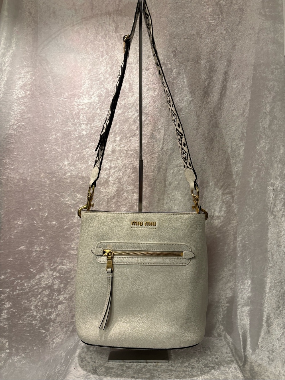 Miu Miu Madras Leather Shoulder Bucket Bag with Guitar Strap White